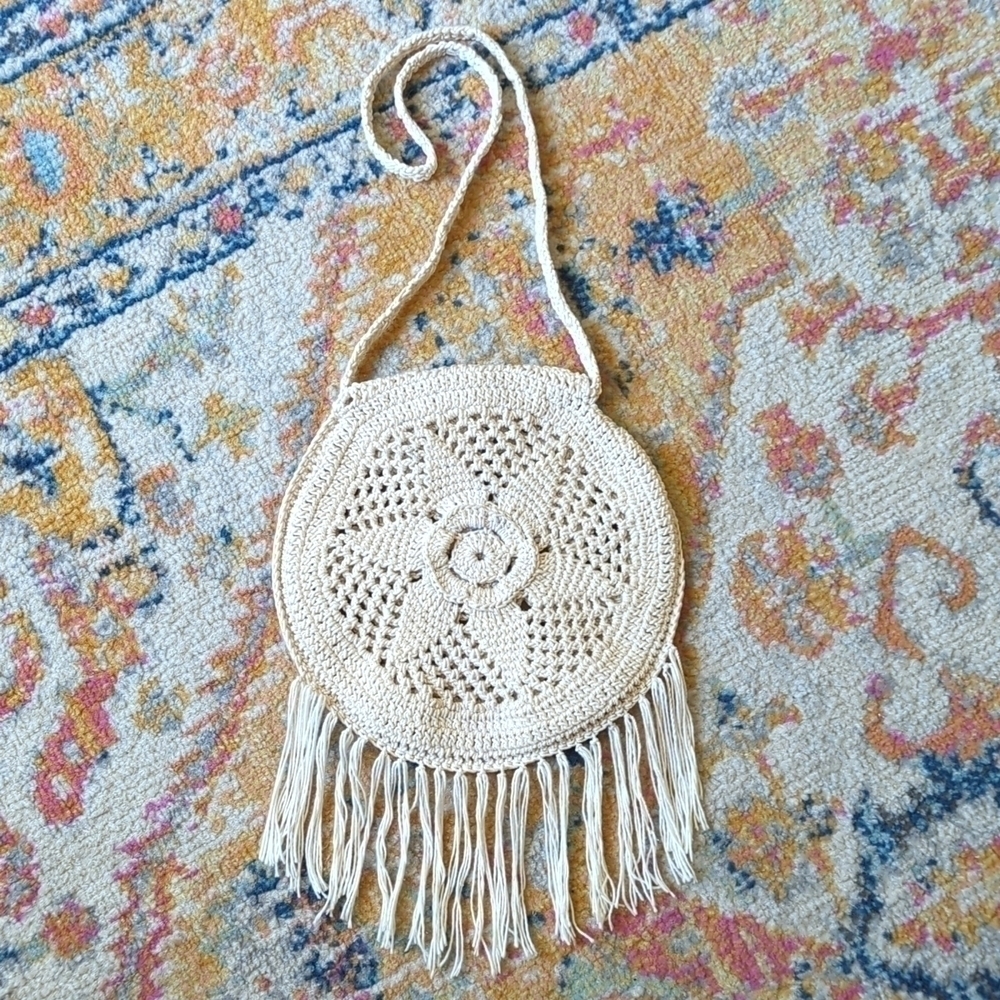 Handmade Bohemian Floral Woven Crochet Tassel Trim Circle Crossbody Bag Cream S - Picture 9 of 10